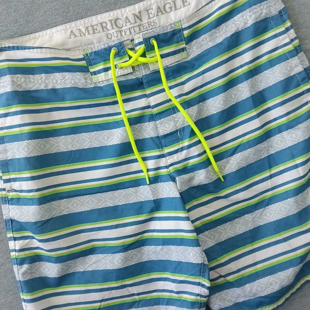 American Eagle Outfitters Blue Striped Board Shorts Mens Large Neon Drawstring